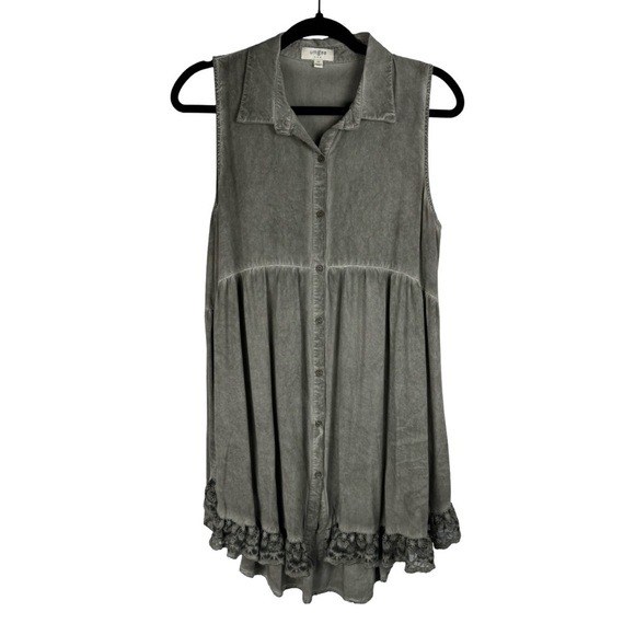 Umgee Sleeveless Button Down Dress Lace Ruffle Trim Gray Mineral Wash Size M - Picture 1 of 9